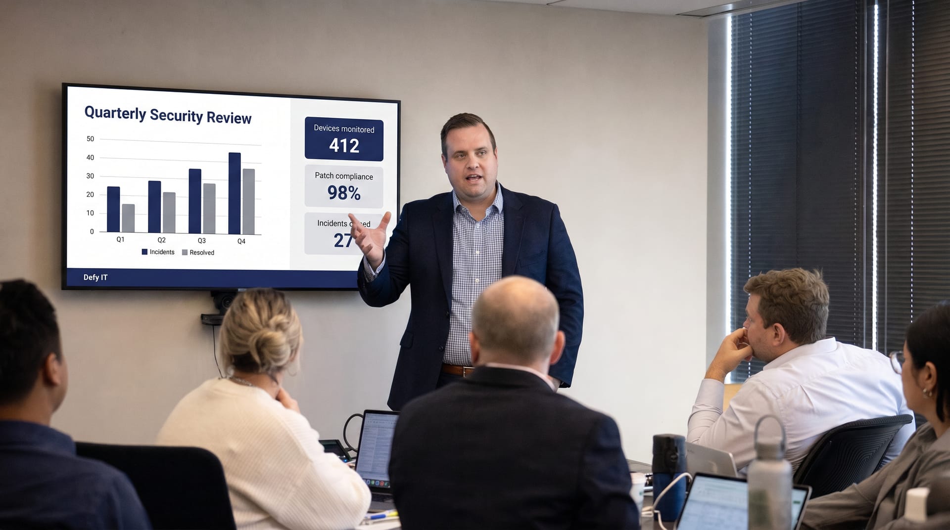 Brandon from Defy IT presenting a quarterly security review to a client team