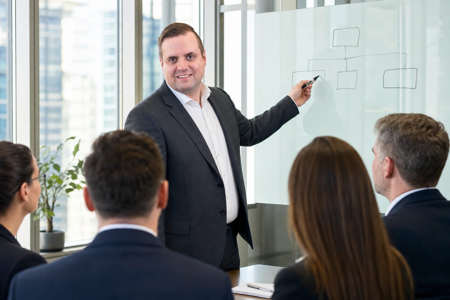 Brandon from Defy IT mapping out an IT strategy on a whiteboard with a client team